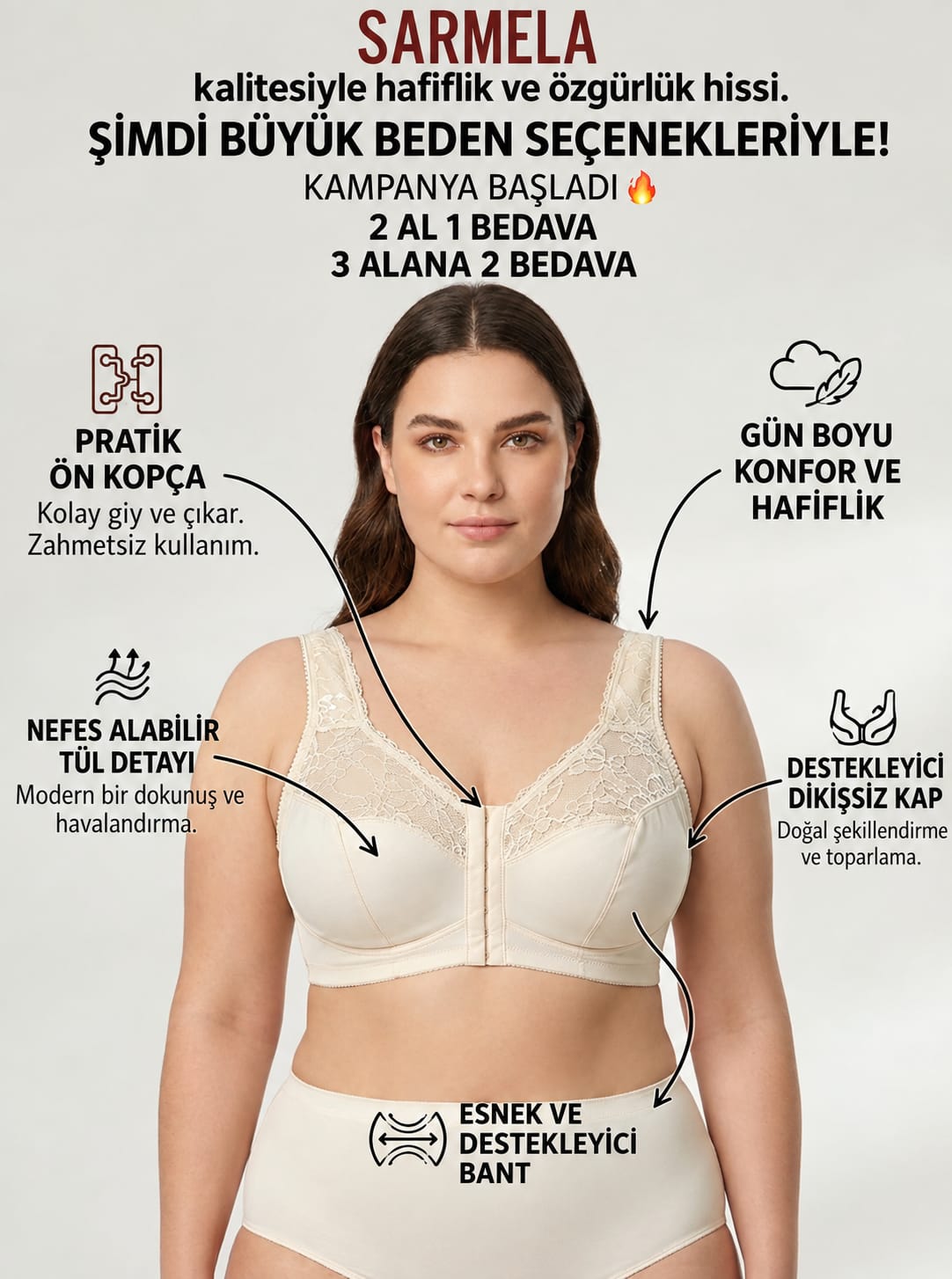 Geniş Askılı toparlayıcı Önden Açılan Sırt Destekli Sütyen